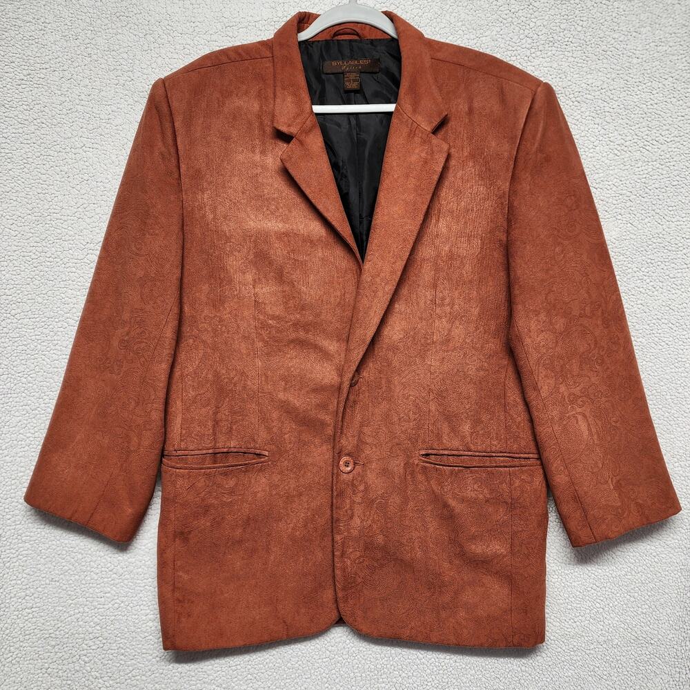 Mens Paisley Faux Suede Sport Coat Blazer Size L 42 Orange Hippie Syllables Vtg